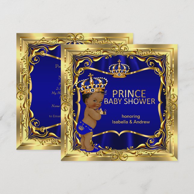 Ethnic Prince Baby Shower Boy Blue Gold Einladung (Vorne/Hinten)