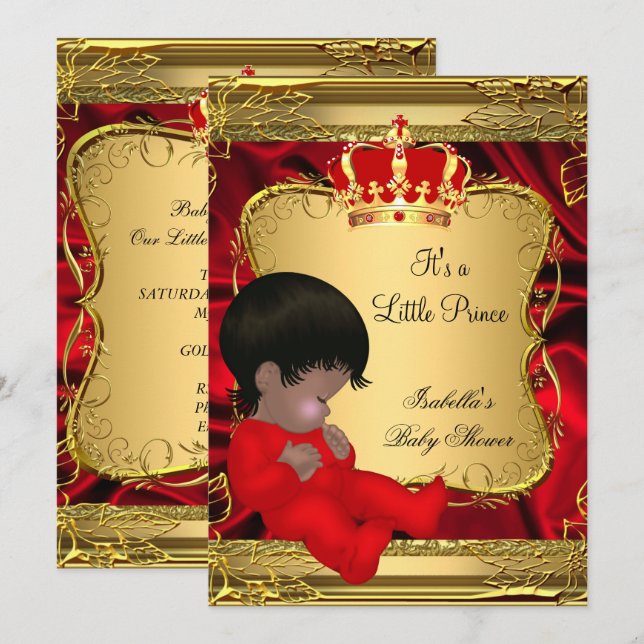 Ethnic Prince Boy Baby Dusche Red Verziert Gold Einladung (Vorne/Hinten)
