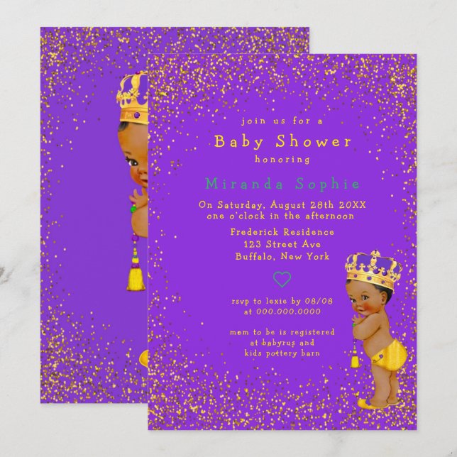 Ethnic Prince Lila und Gold Boy Baby Dusche Einladung (Vorne/Hinten)