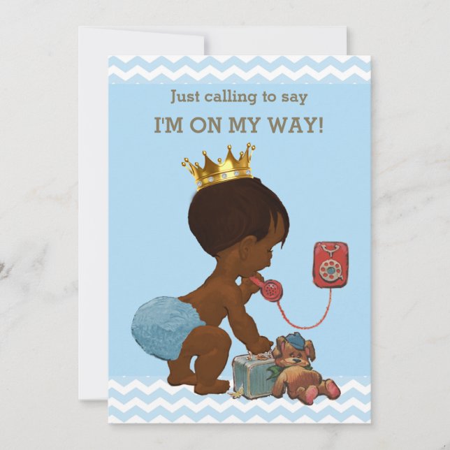 Ethnic Prince on Phone Baby Dusche Chevrons Blue Einladung (Vorderseite)