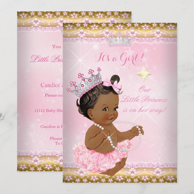 Ethnic Princess Baby Dusche Pink Tutu Gold Tiara A Einladung (Vorne/Hinten)