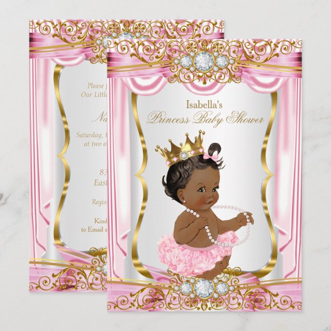 Ethnic Princess Baby Dusche Rosa Seide Gold Einladung (Vorne/Hinten)