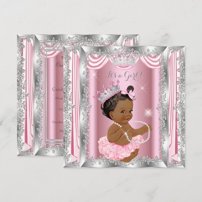 Ethnic Princess Baby Dusche Rosa Silver Ballerina Einladung (Vorne/Hinten)