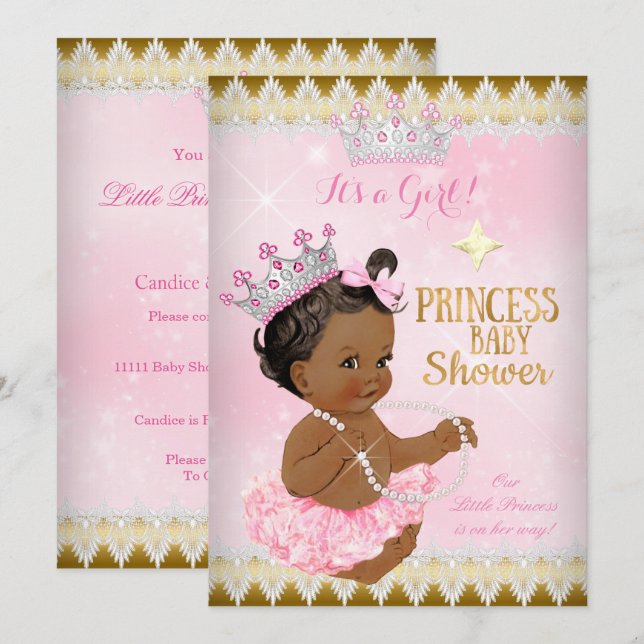 Ethnic Princess Baby Dusche Rosa Tutu Gold Einladung (Vorne/Hinten)