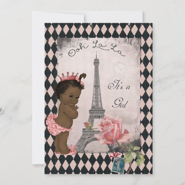 Ethnic Princess Eiffel Tower Rose Babydusche Einladung (Vorderseite)