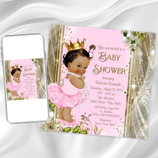 Ethnic Princess Tutu Pink Gold Baby Dusche Einladung (Pink and gold princess baby shower invitation. Instant download and printed invitations available.)