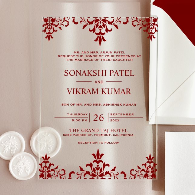 Ethnic Red Damask Indian Wedding Acryleinladungen (Von Creator hochgeladen)