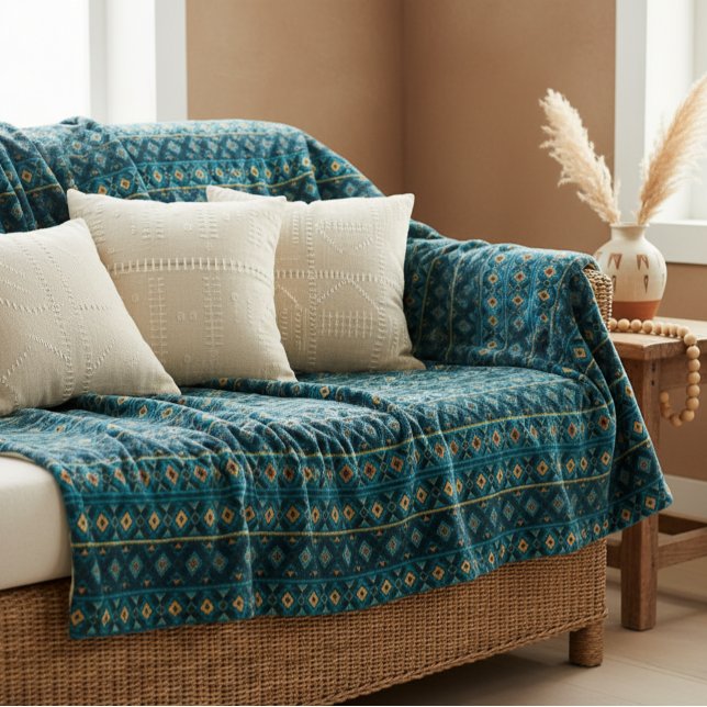Ethnic Striped Throw Blanket in Ocean Blue Sherpadecke (Von Creator hochgeladen)