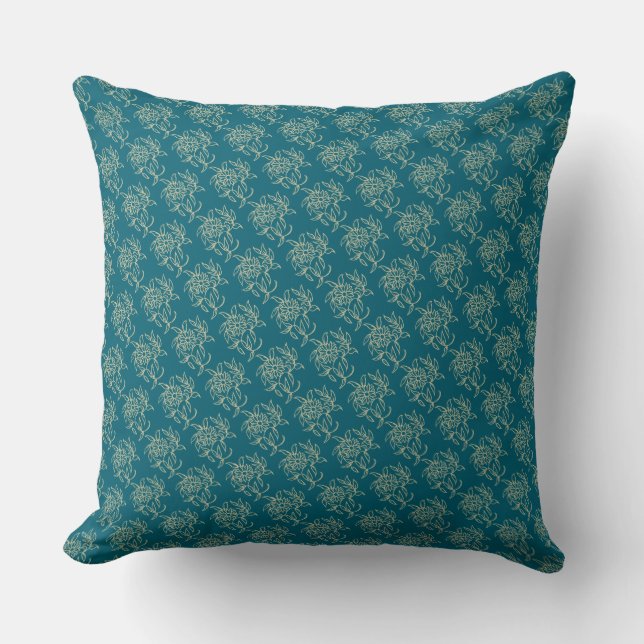 Ethnic Style Floral Mini-Print Beige auf Aquamarin Kissen (Vorderseite)