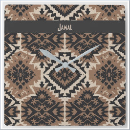 Ethnic Tribal Mudcloth Black & Tan Quadratische Wanduhr