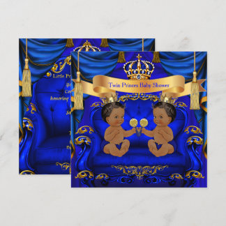 Ethnic Twin Baby Shower Boy Prince Blue Gold Einladung