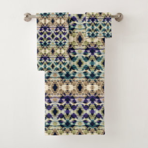 Ethnisch blau, beige Ikat Badhandtuch Set