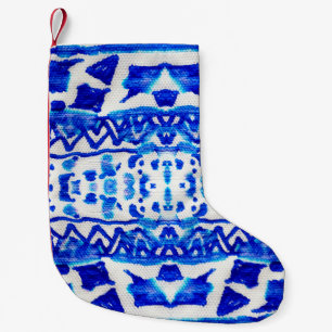 Ethnisch-blaues Aquarellmuster Kleiner Weihnachtsstrumpf