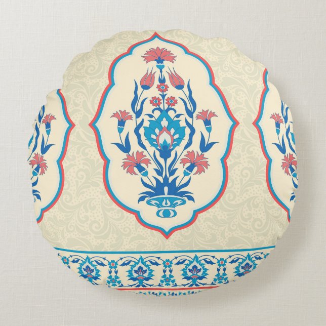 Ethnisch-florale Stoffe: Nahtlose Eleganz Rundes Kissen (Vorderseite)