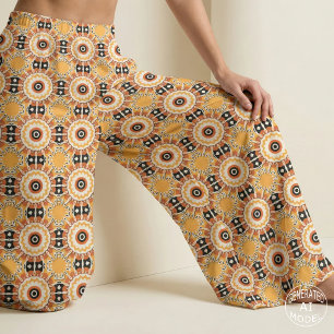 Ethnisch-orangefarbenes Schwarz-Weiß-Damast-Mosaik Stoff