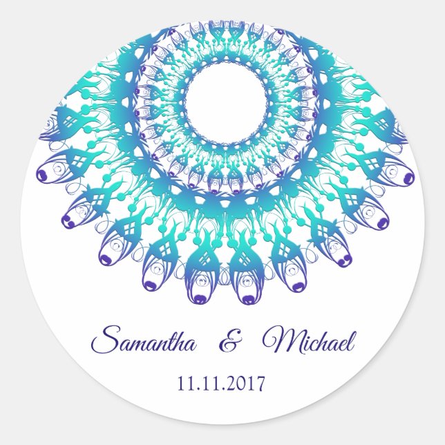 Ethnische aquamarine Mandala. Monogramm. Runder Aufkleber (Vorderseite)