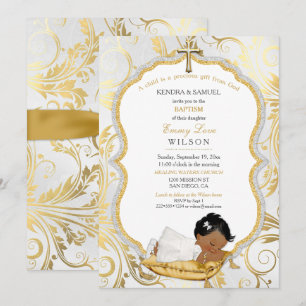 Ethnische Baby-Mädchen-Taufe Christening Goldkreuz Einladung