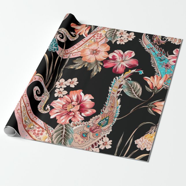Ethnische Blume und Blätter mit Paisley Vintage Geschenkpapier (Ungerollt)