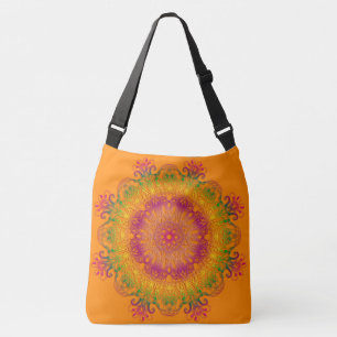 Ethnische BlumenMandala auf orange Hintergrund Tragetaschen Mit Langen Trägern