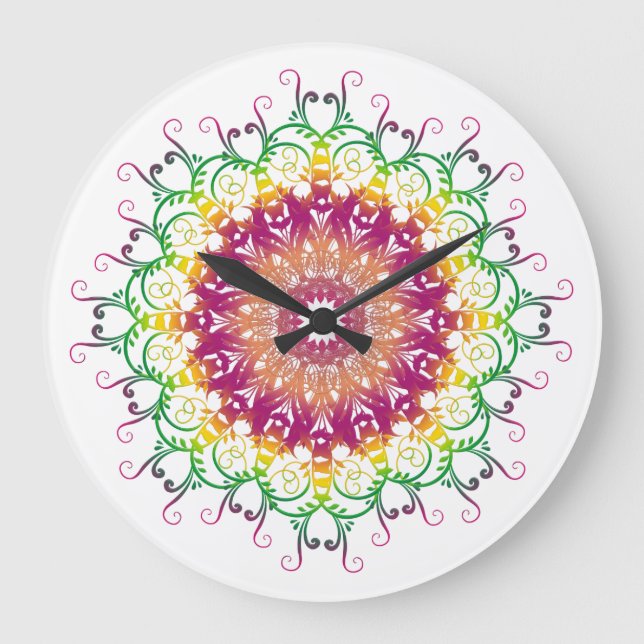 Ethnische Blumenmandala. Große Wanduhr (Vorderseite)