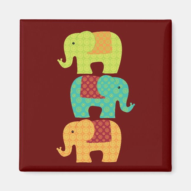 Ethnische Elefanten mit Blume auf Maroon Red Magnet (Vorne)