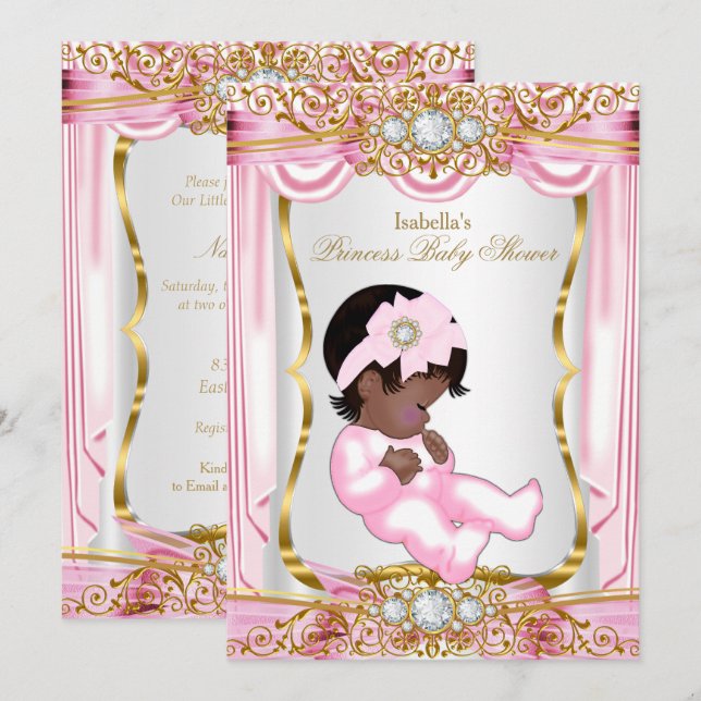 Ethnische Hübsche Princess Baby Dusche Rosa Seide  Einladung (Vorne/Hinten)