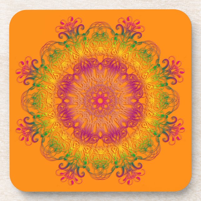 Ethnische Mandala auf orangefarbenem Hintergrund Getränkeuntersetzer (Vorderseite)