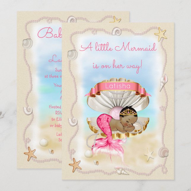 Ethnische Prinzessin Mermaid Name auf Clam-Muschel Einladung (Vorne/Hinten)