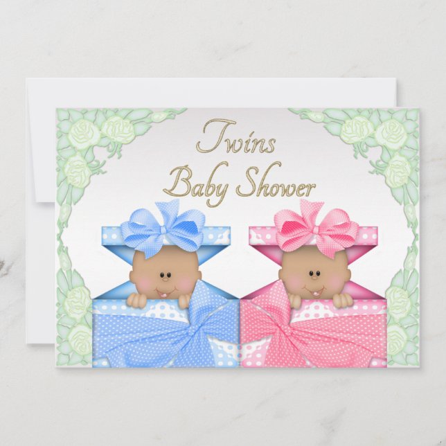 Ethnische Twins in Geschenkboxen Rose Babydusche Einladung (Vorderseite)