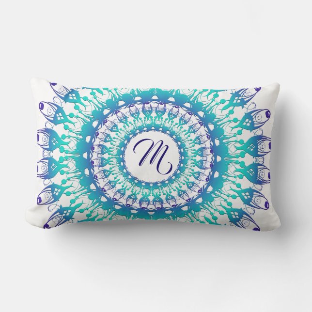 Ethnischer aquamariner Mandala. Monogramm Lendenkissen (Vorderseite)