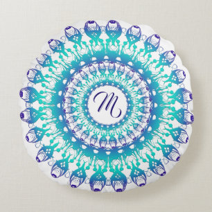Ethnischer aquamariner Mandala. Monogramm Rundes Kissen