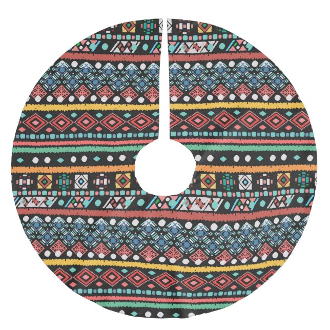 Ethnischer Boho: Geometrischer Pixel-Druck Polyester Weihnachtsbaumdecke (Vorderseite)