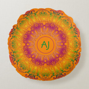 Ethnischer Mandala Monogram.Orange Hintergrund. RP Rundes Kissen