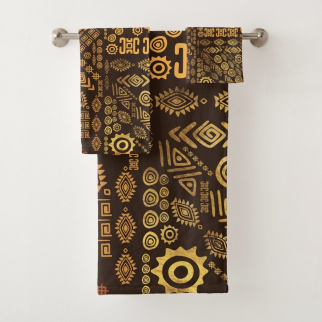 Ethnisches afrikanisches Musterbraun und Golde #10 Badhandtuch Set (Insitu)