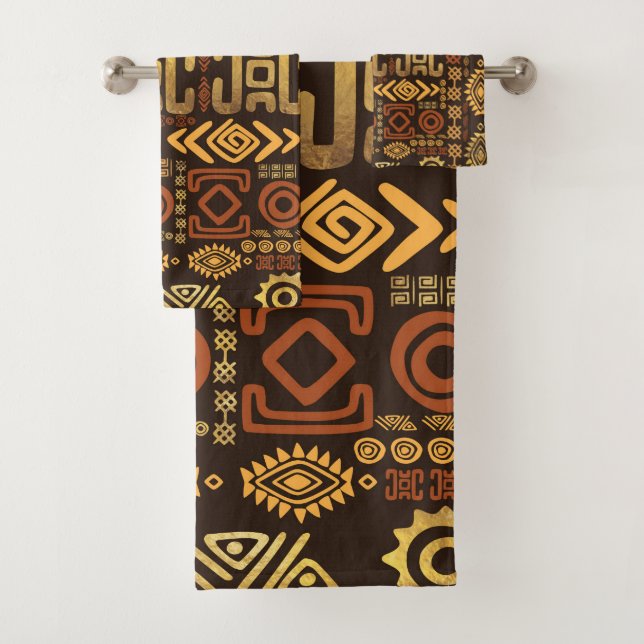 Ethnisches afrikanisches Musterbraun und Golde #11 Badhandtuch Set (Insitu)