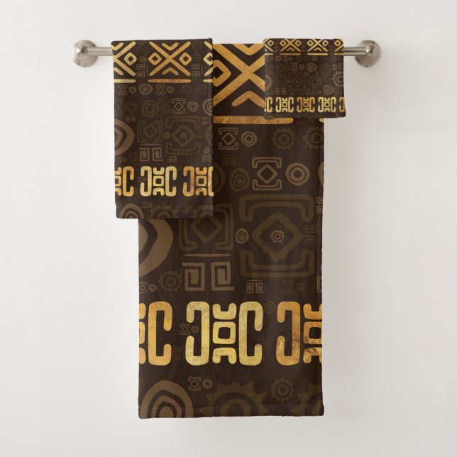 Ethnisches afrikanisches Musterbraun und Golde #2 Badhandtuch Set (Insitu)