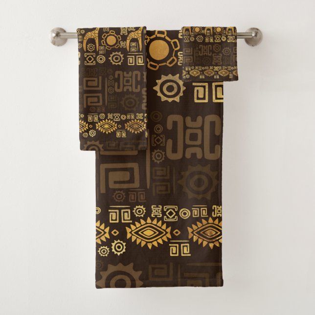 Ethnisches afrikanisches Musterbraun und Golde #3 Badhandtuch Set (Insitu)