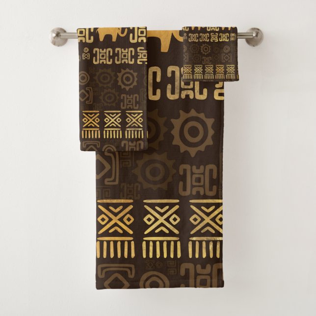 Ethnisches afrikanisches Musterbraun und Golde #4 Badhandtuch Set (Insitu)