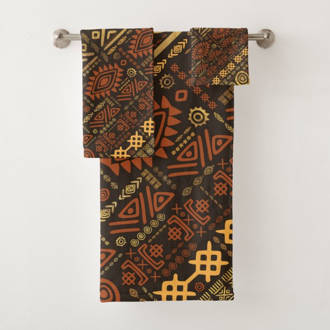 Ethnisches afrikanisches Musterbraun und Golde #5 Badhandtuch Set (Insitu)