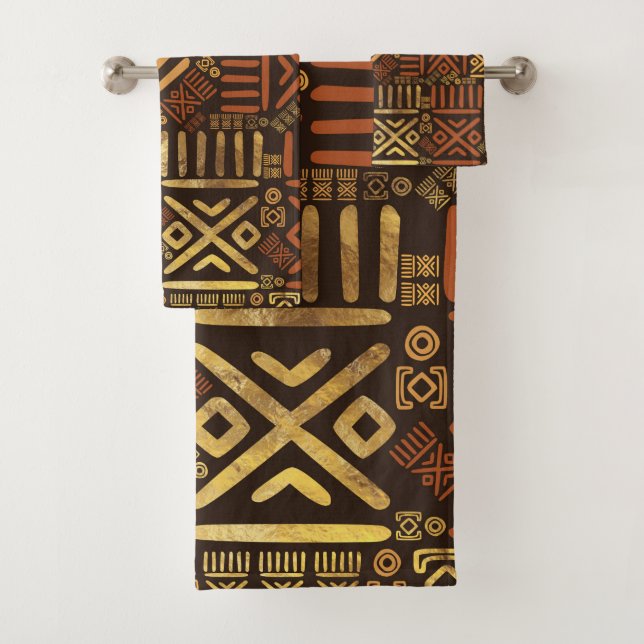 Ethnisches afrikanisches Musterbraun und Golde #6 Badhandtuch Set (Insitu)