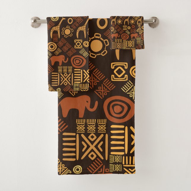Ethnisches afrikanisches Musterbraun und Golde #7 Badhandtuch Set (Insitu)