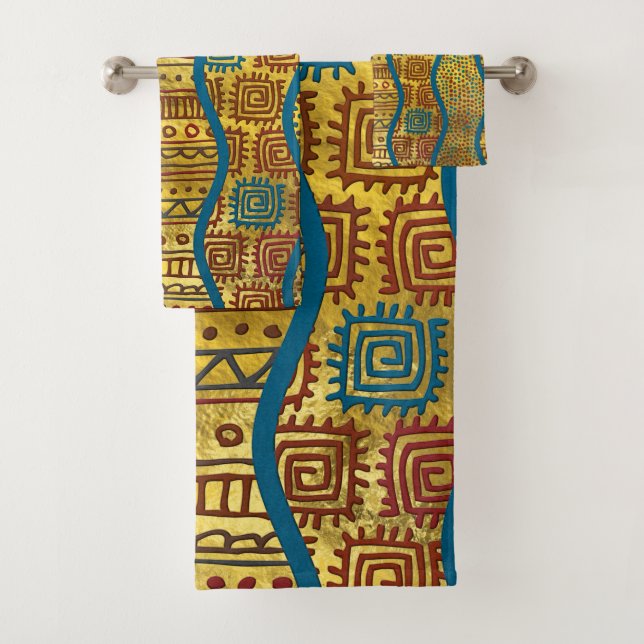 Ethnisches Boho afrikanisches Artmuster auf Gold Badhandtuch Set (Insitu)