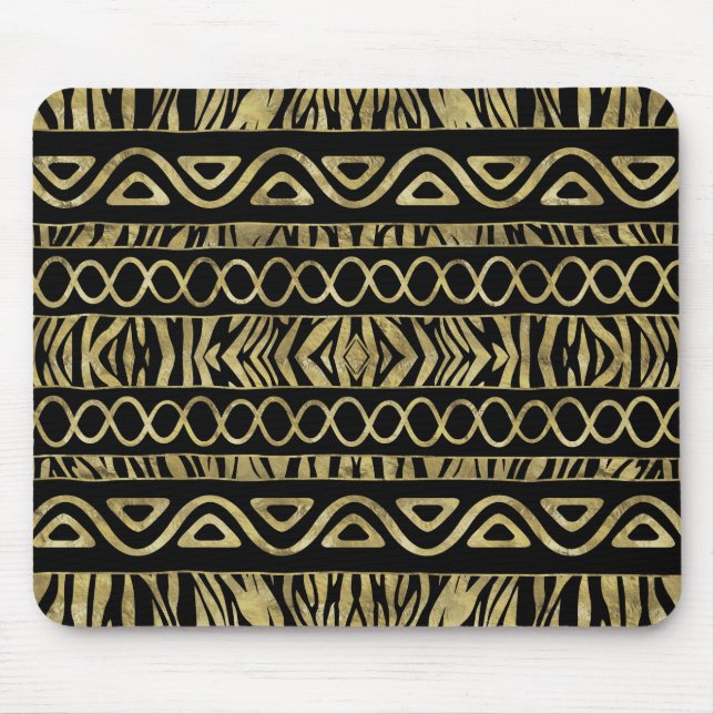 Ethnisches und Tierdruck-Muster-Schwarzes und Gold Mousepad (Vorne)