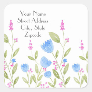 Etikett "Blaue Blumen und rosa Beeren" Quadratischer Aufkleber