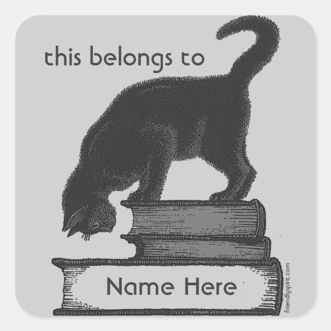 Etikett "Cat on Books" Quadratischer Aufkleber (Vorderseite)