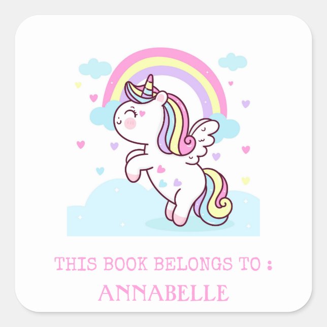 ETIKETT DES BUCHS: UNICORN & RAINBOW QUADRATISCHER AUFKLEBER (Vorderseite)