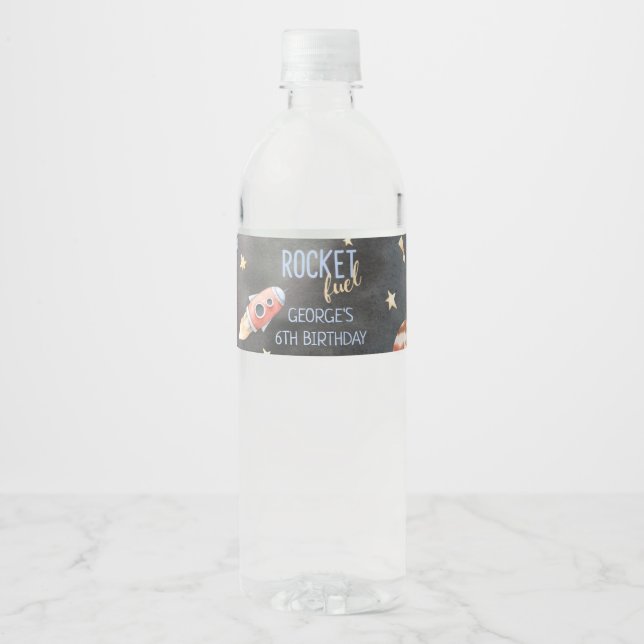 Etikett für die Wasserflasche mit Raumschiff-Raket (Vorderseite)