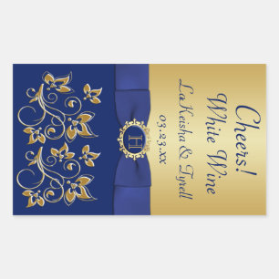 Etikett für Monogramm, Blau, Gold, Blumenwein Rechteckiger Aufkleber