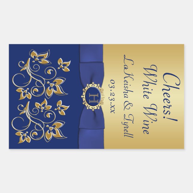 Etikett für Monogramm, Blau, Gold, Blumenwein Rechteckiger Aufkleber (Vorderseite)
