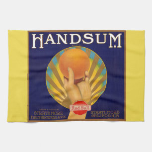 Etikett für orangefarbene Kiste 1930 Handsum Print Geschirrtuch
